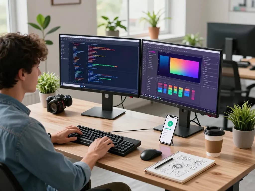 Developer using Open Claw AI at a modern workspace, showcasing productivity tools and vibrant coding screens.