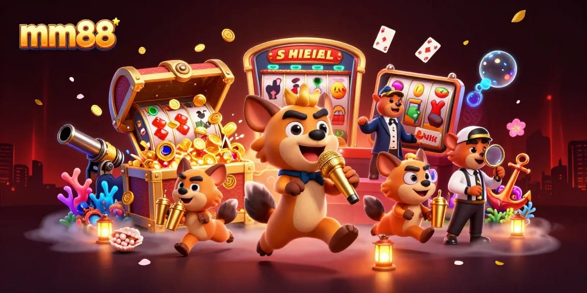 mm88 offers a vibrant 3D casino scene with hyenas performing comedy amidst gaming elements.