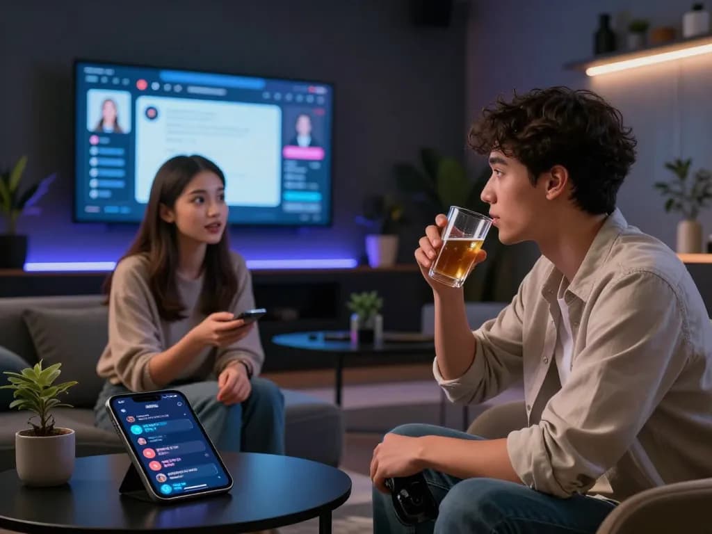 Engaging scene of user in AI porn chat with lifelike virtual companion, cozy lounge setting.
