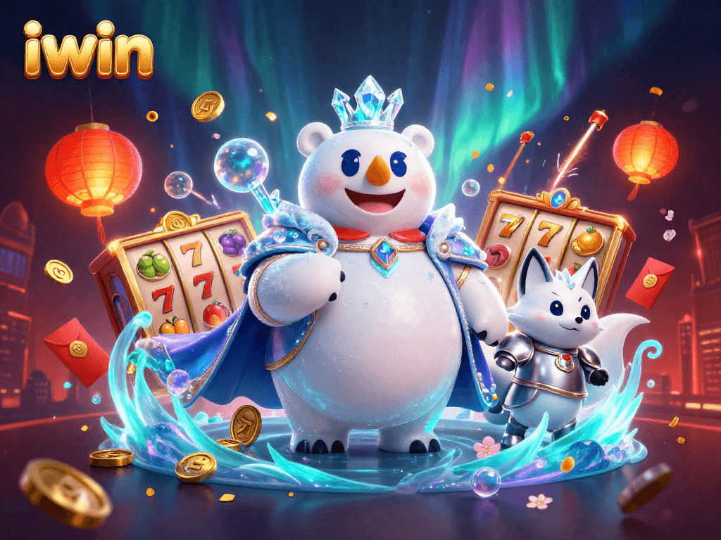 iwin lively casino illustration featuring a polar bear king and a armored fox amidst slot reels and vibrant fireworks.