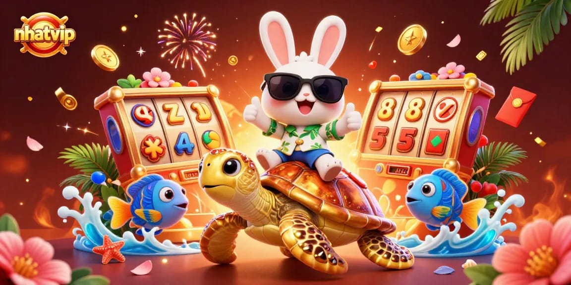 Play exciting games at Nhatvip with a vibrant scene featuring slot reels and lucky symbols.