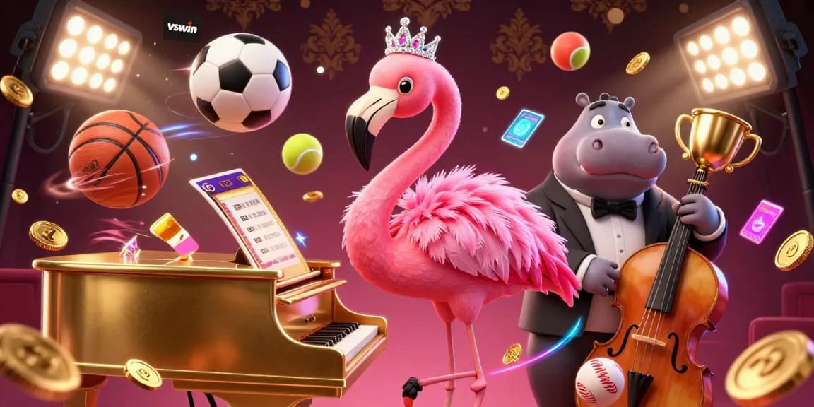 Engage with the vibrant vswin cinematic casino scene featuring a flamingo singer and hippo bassist.
