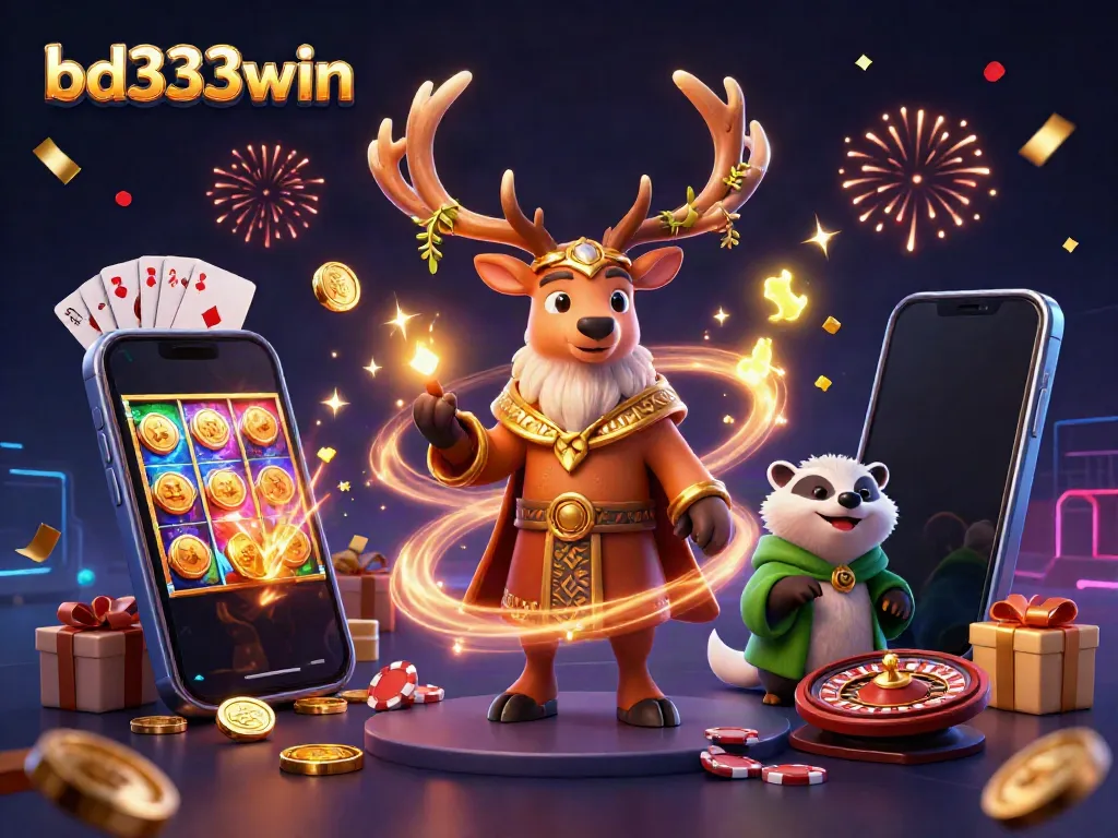 Join the fun at bd333win with a magical scene featuring a Celtic druid and games elements like colorful slots and poker.