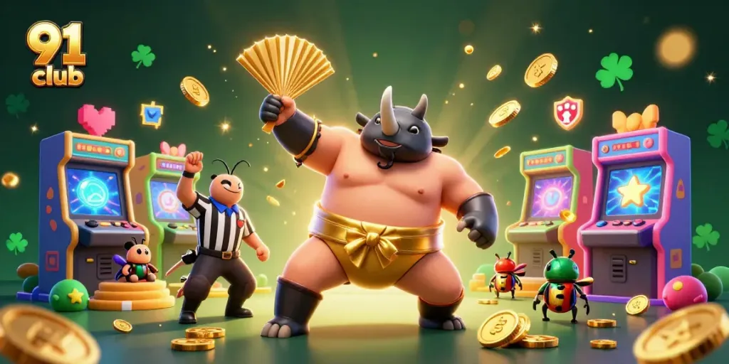 Engage with thrilling 91 club gaming scenes featuring beetle champions and golden coins.