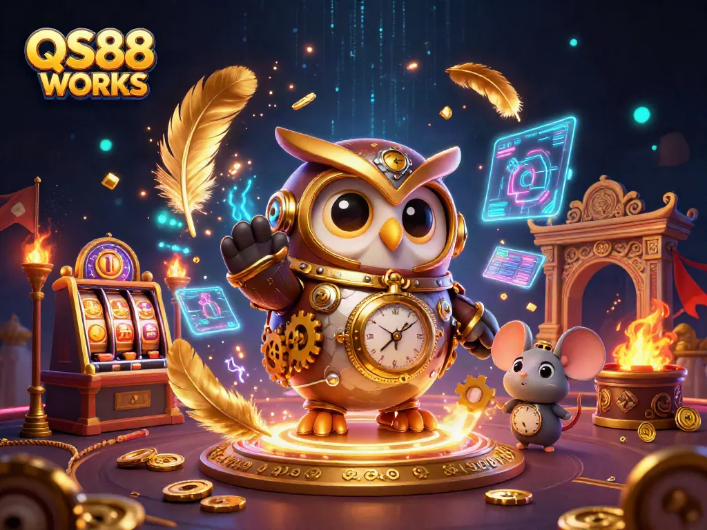 Experience exciting gameplay with QS88 WORKS in this vibrant 3D casino illustration featuring steampunk characters and slot machines.