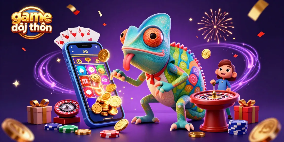 Experience thrilling game đổi thưởng action with vibrant slot games and an energetic chameleon in a casino.