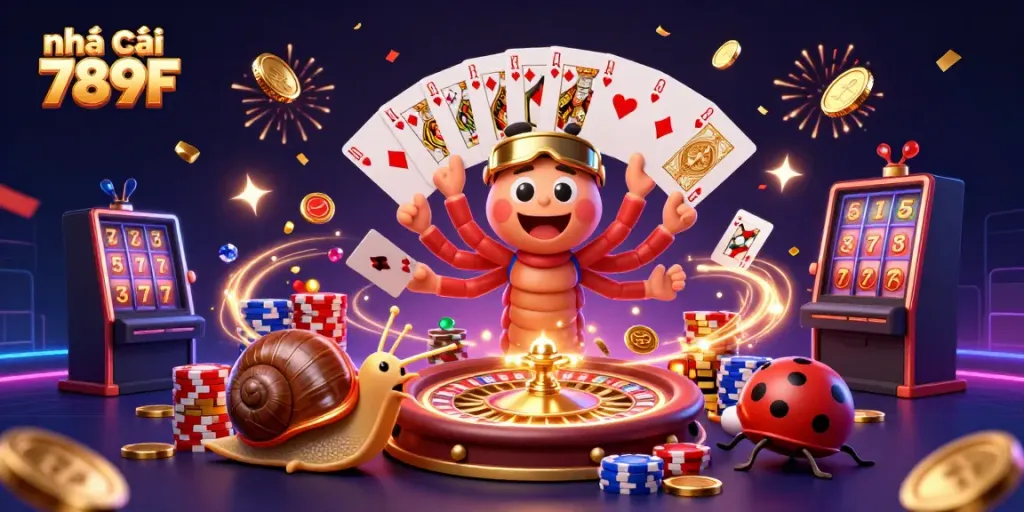 Experience the excitement at Nhà cái 789F with a vibrant scene featuring thrilling game elements and joyful characters.