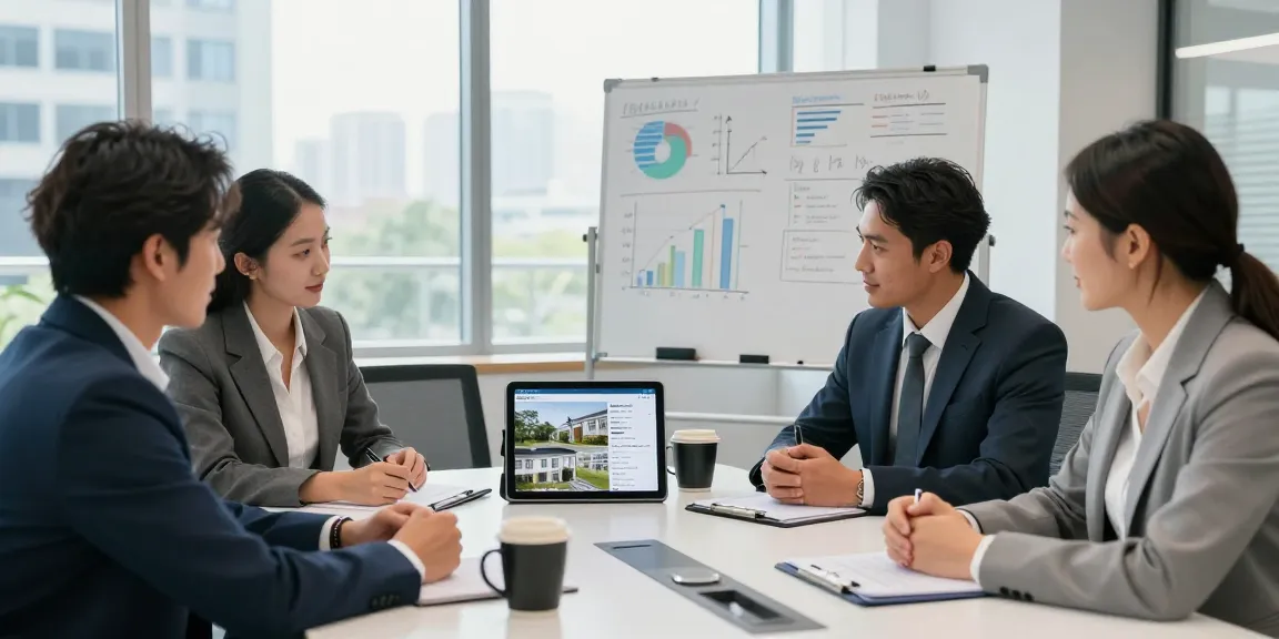 Collaborative IDXSTAR real estate team reviewing property listings in a modern office.