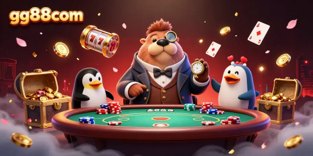 Experience gaming excitement at gg88com with a jolly walrus in a Victorian outfit at an underwater poker table surrounded by casino elements.