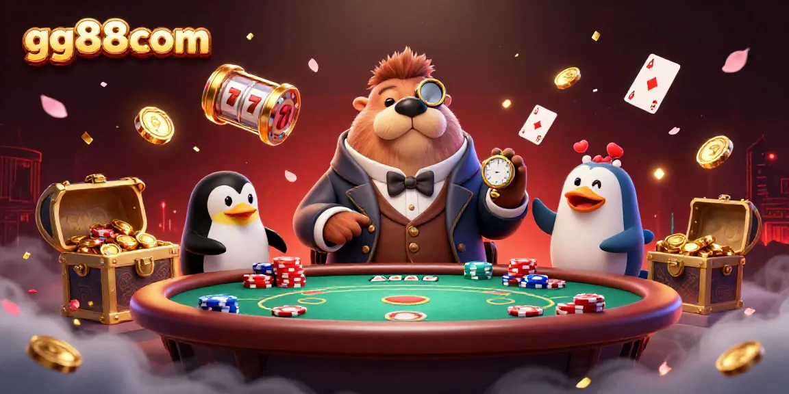 Experience gaming excitement at gg88com with a jolly walrus in a Victorian outfit at an underwater poker table surrounded by casino elements.