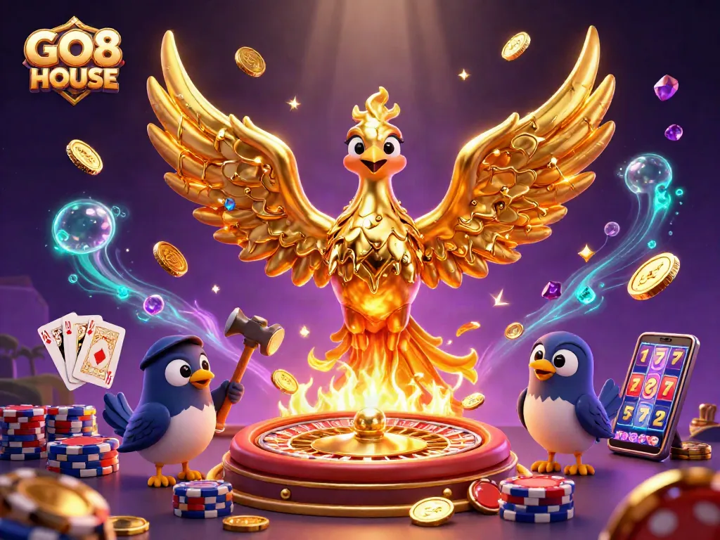 Experience dynamic games and rewards at GO8 HOUSE with vibrant casino elements and lively 3D characters.