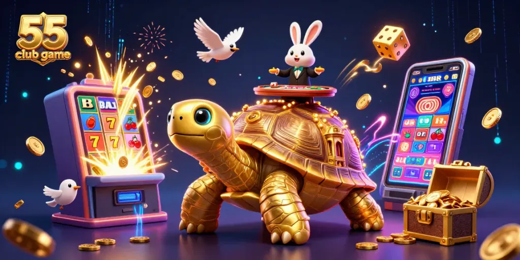 Experience thrilling gaming with the vibrant 55 club game, featuring a golden tortoise and lively casino elements.
