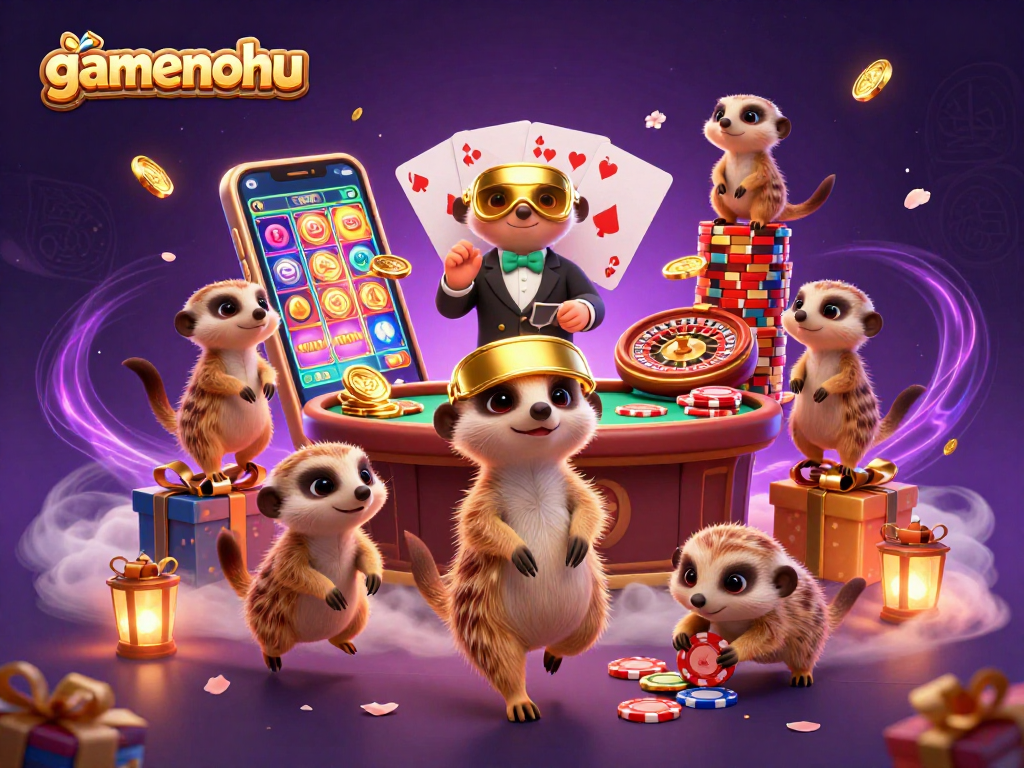 Experience gamenohu's thrilling casino world with lively meerkats managing slot machines and games.