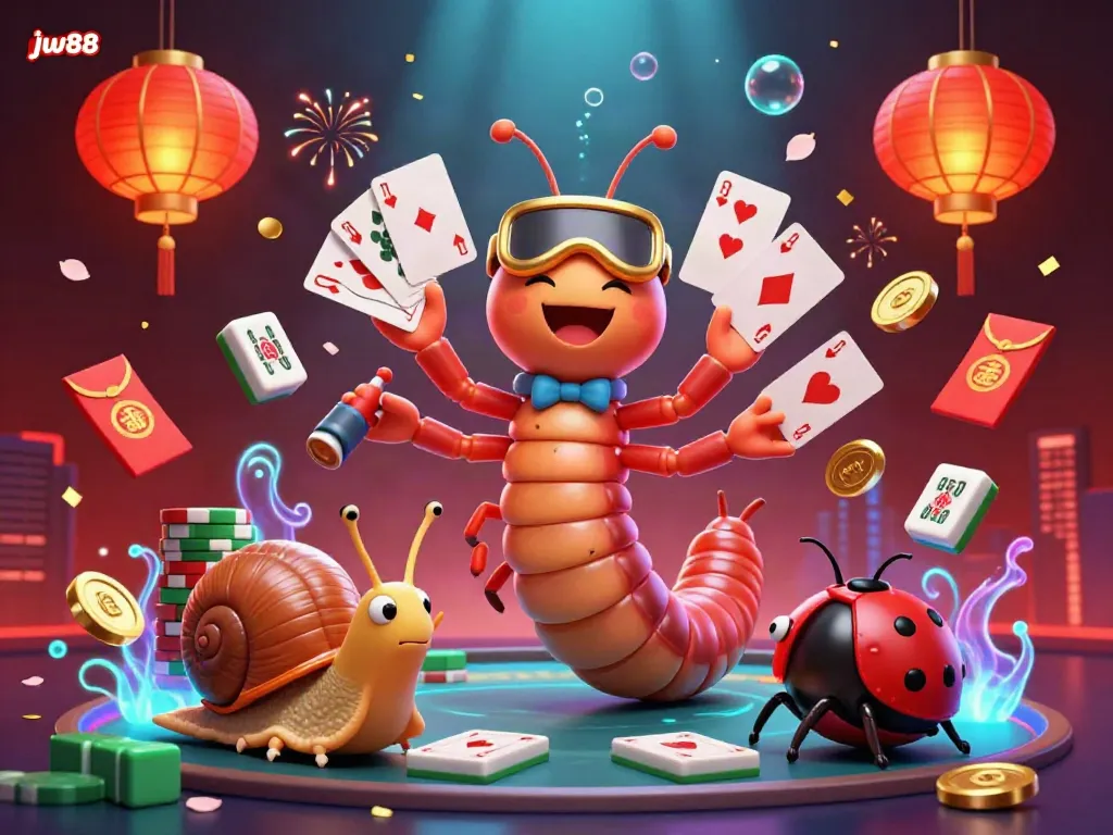 Experience the vibrant excitement of jw88 with animated characters and colorful casino elements in this 3D scene.