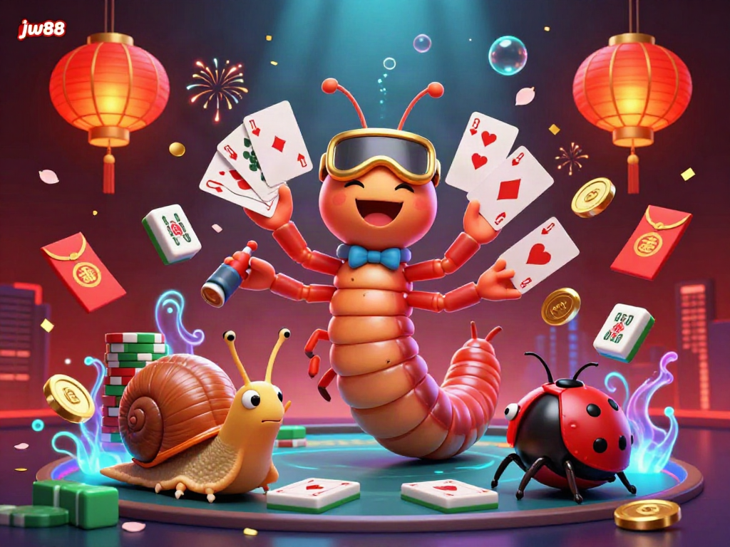Experience the vibrant excitement of jw88 with animated characters and colorful casino elements in this 3D scene.
