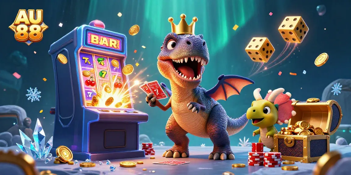 Experience the excitement of AU 88 with a T-Rex shuffling cards and vibrant casino elements in action.