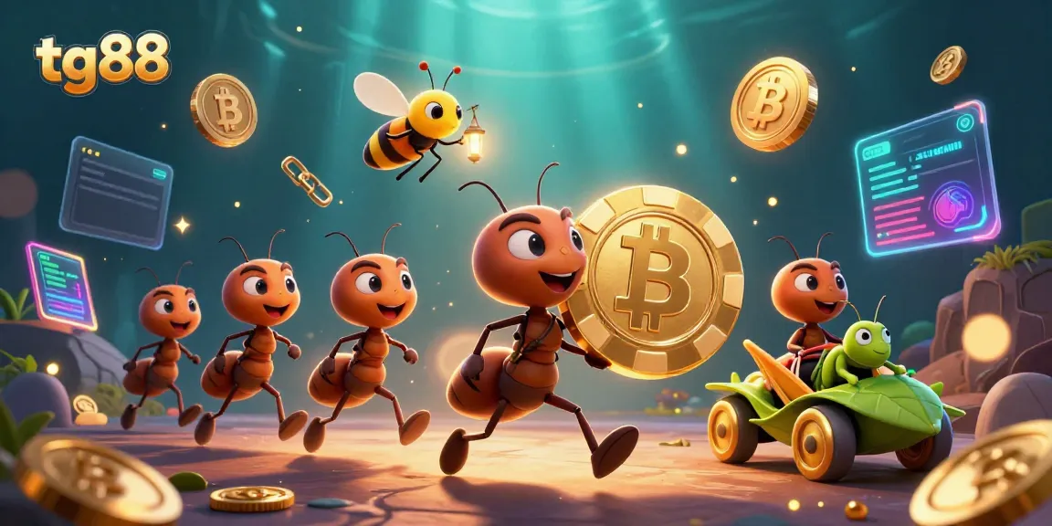Experience the excitement of tg88 with ants on a heist, carrying gold chips amid glowing crypto elements.