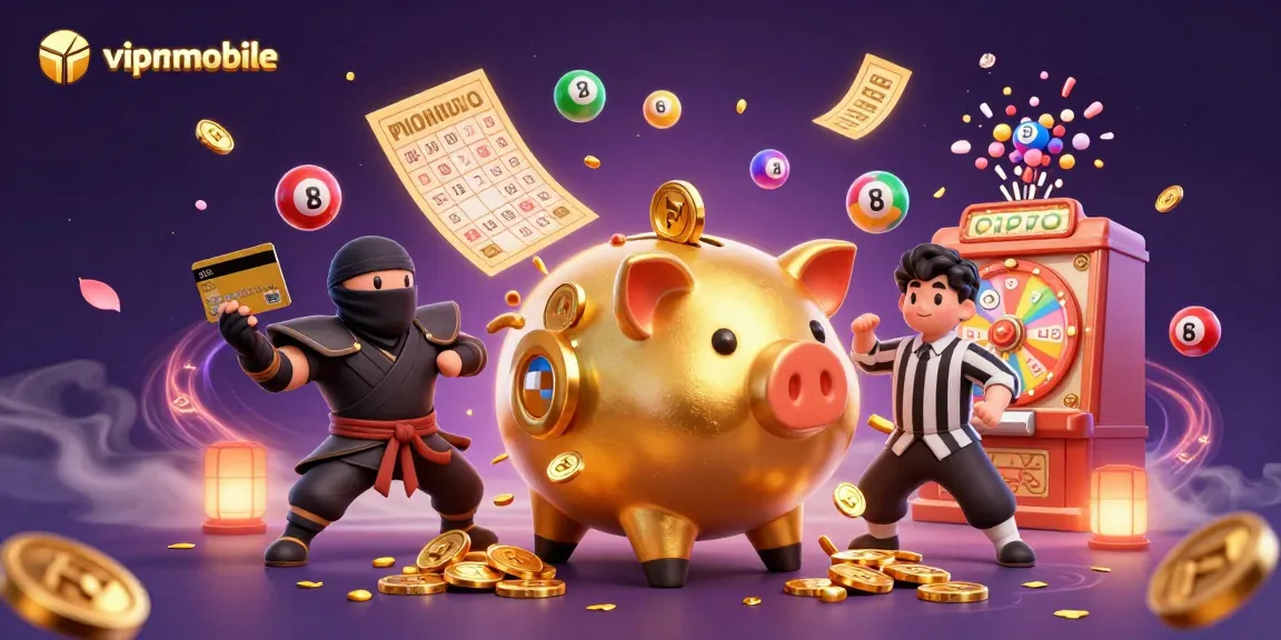 Experience excitement at vipwinmobile with a golden piggy bank sumo wrestler, colorful lottery elements, and a dynamic casino atmosphere.