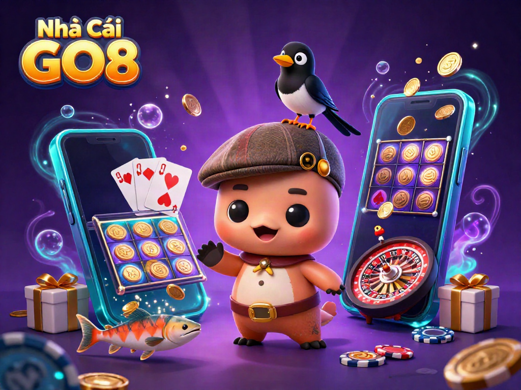 Join the excitement of Nhà Cái GO8 with playful characters and vibrant spinning slots in this enchanting digital scene.