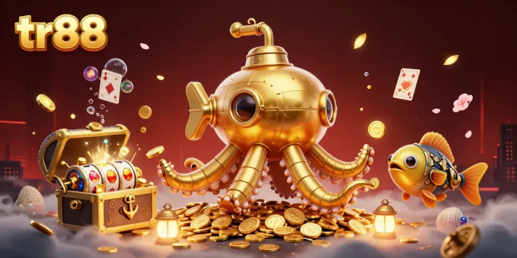 Experience thrilling gameplay with tr88 in a vibrant cartoon-style scene featuring a kraken and slot elements.