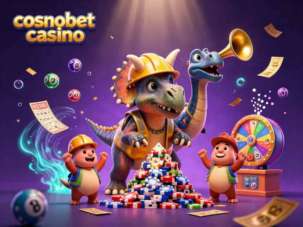 Cheerful action at Cosmobet Casino with cartoon dinosaurs celebrating a winning game.