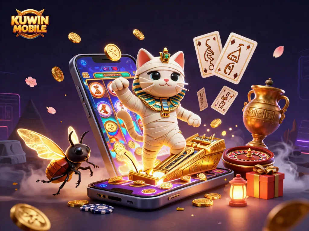 Engage in thrilling gaming with KUWIN MOBILE, featuring a dynamic Egyptian mummy cat and casino elements.