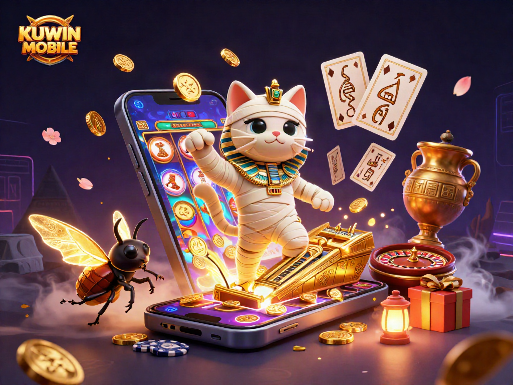 Engage in thrilling gaming with KUWIN MOBILE, featuring a dynamic Egyptian mummy cat and casino elements.
