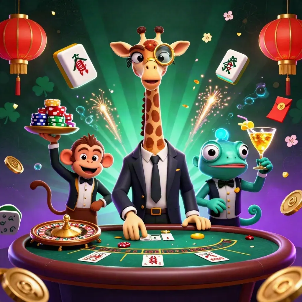 Giraffe high roller, monkey valet and chameleon bartender amid neon casino treasure and glowing lights.