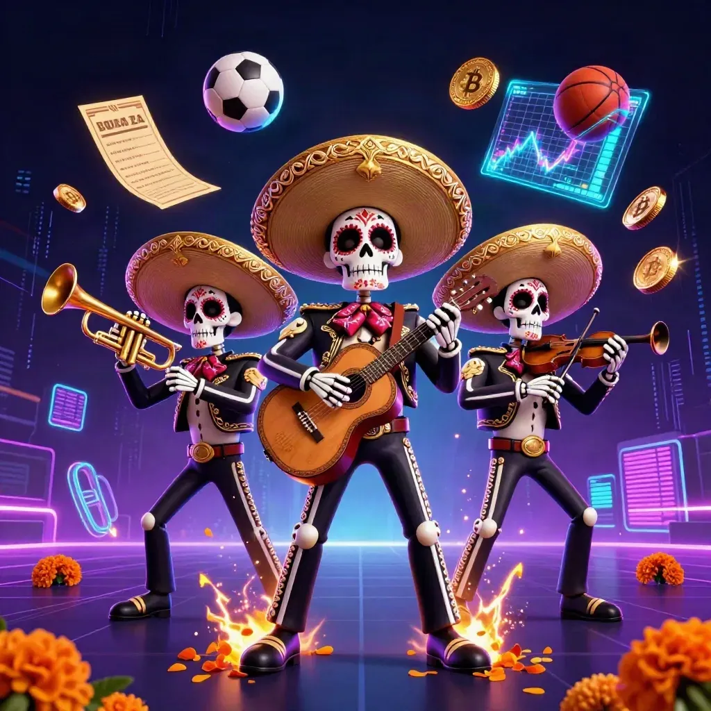 Skeleton mariachi trio amid neon coins, soccer and basketball, in premium casino key art.