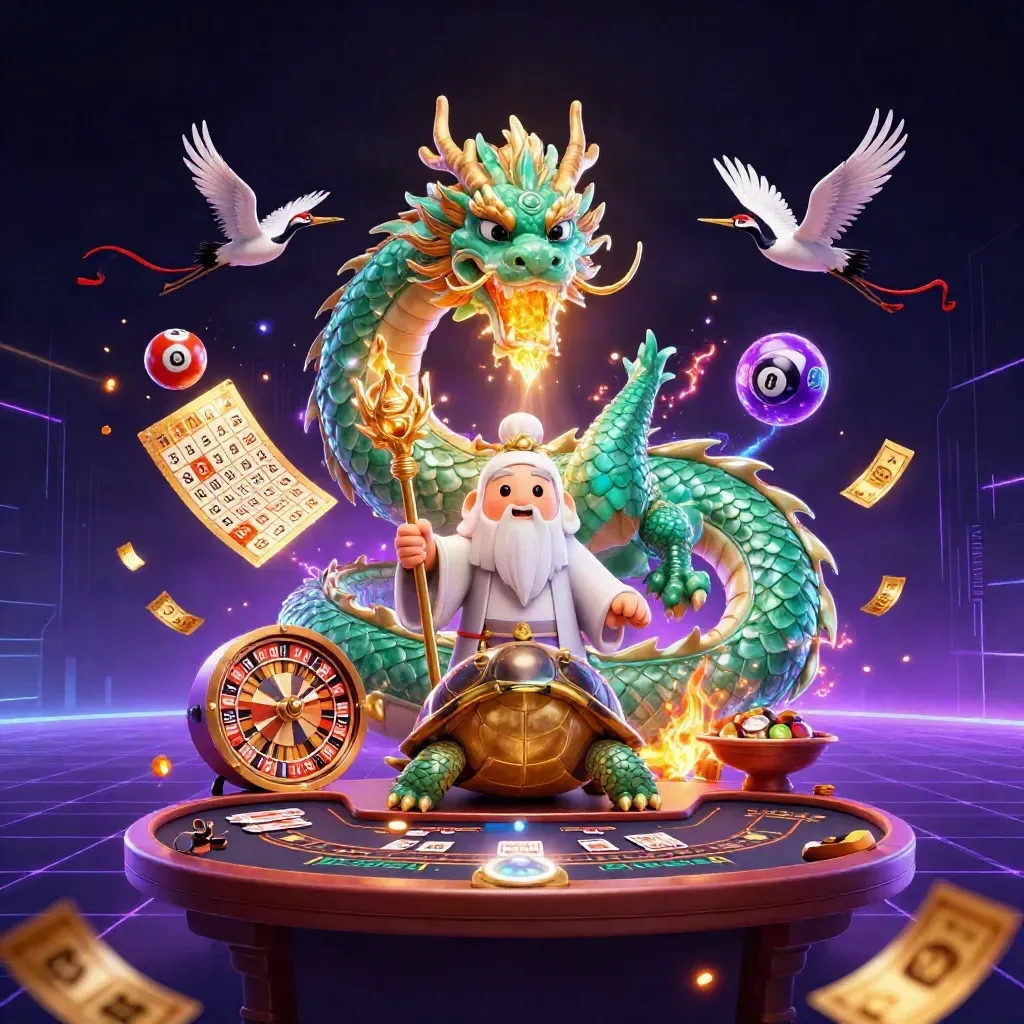 Emerald dragon, turtle sage, and cranes amid casino treasure, neon glow, and dark indigo space.
