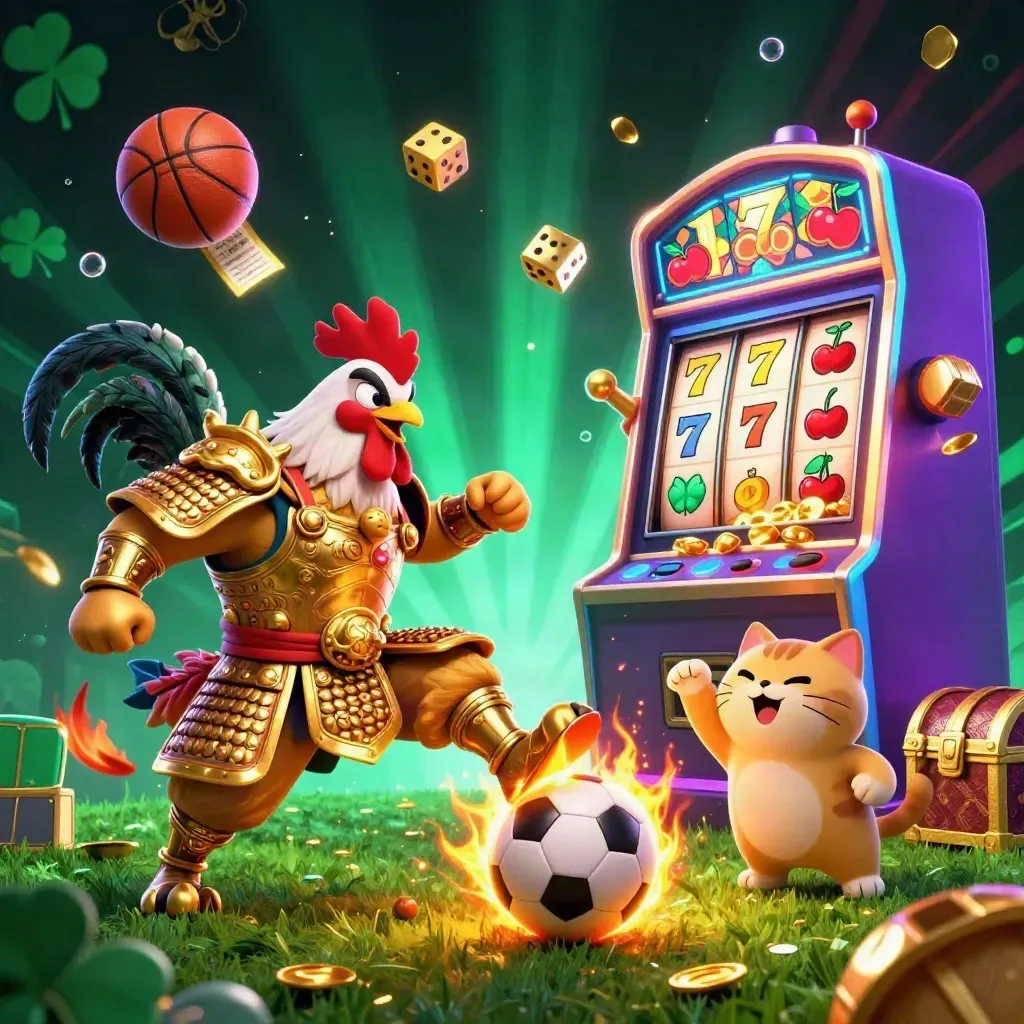 Cartoon rooster warrior, dragon hatchling and fortune cat amid exploding sports-casino symbols.