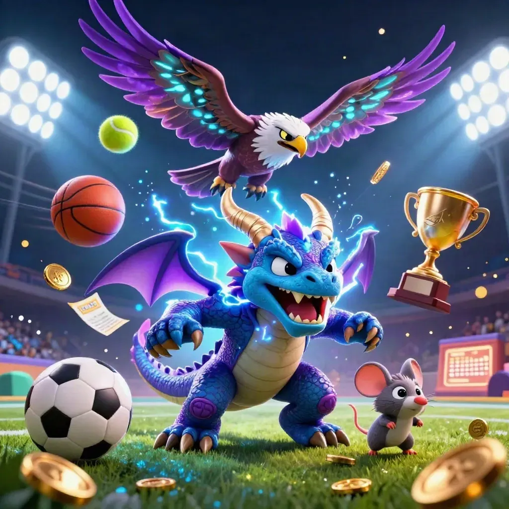 Thunder dragon, hawk and mouse amid flying balls, coins and casino glow on a dark neon backdrop.