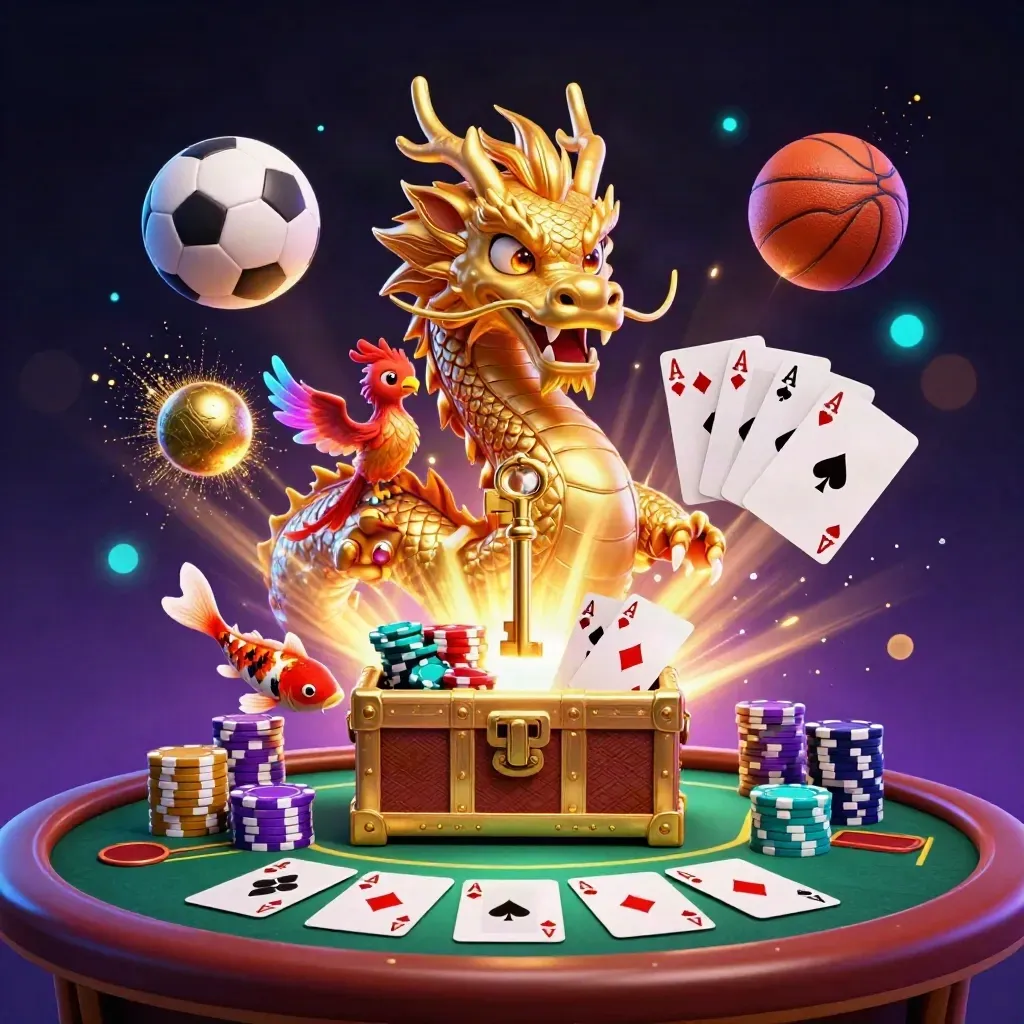 Golden dragon, phoenix, koi, balls, chips, and casino glow on a dark neon background.