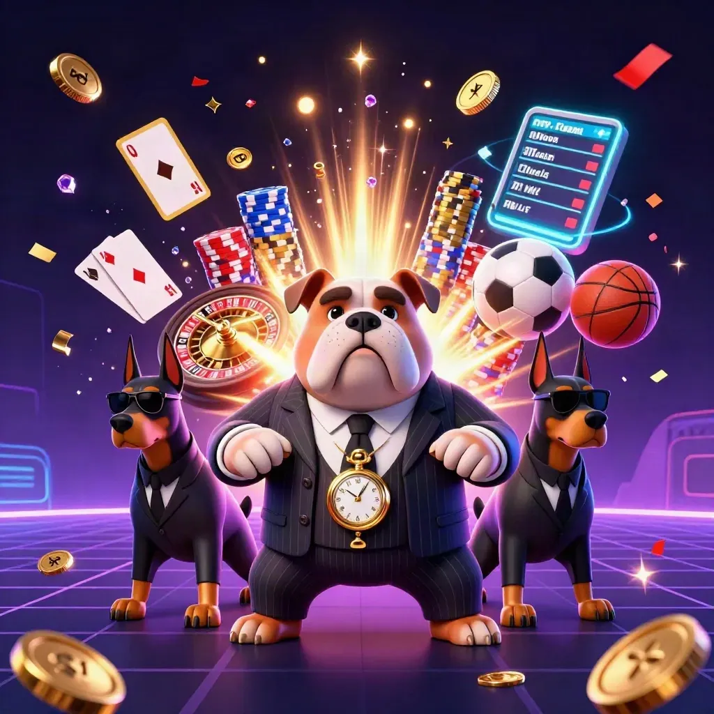 Cartoon bulldog boss with Doberman guards, casino chips, roulette wheel and neon effects.