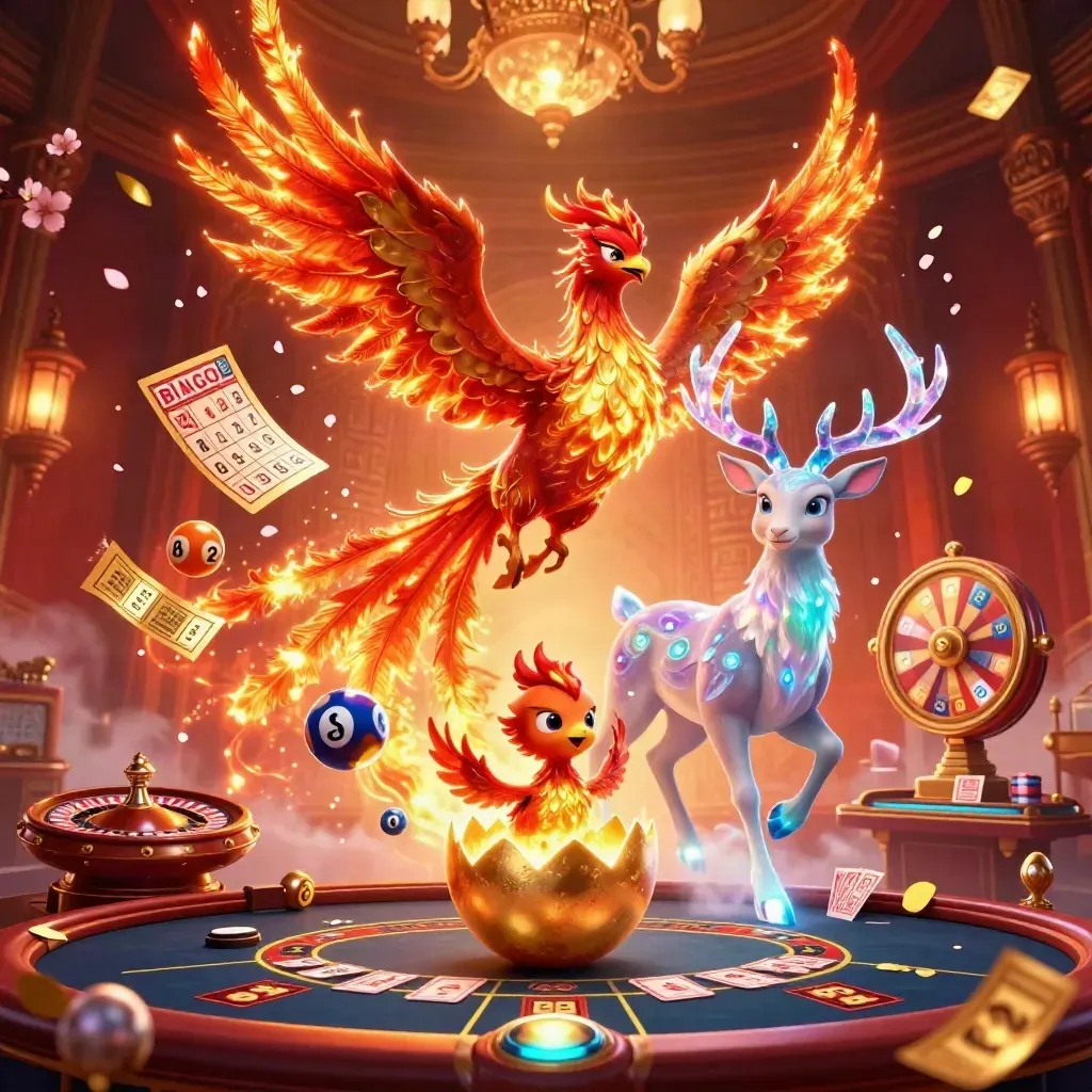 Fire phoenix, stag, and hatching egg in a glowing premium casino fantasy scene