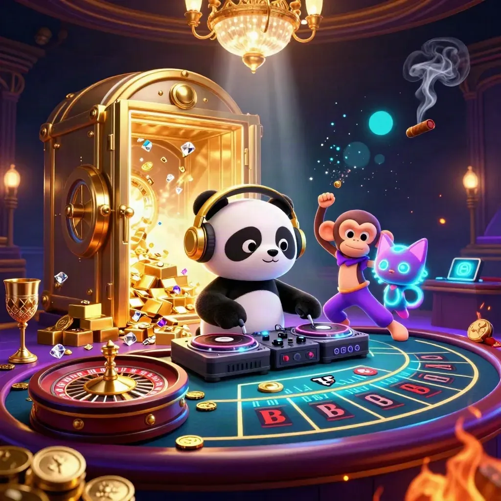 DJ panda, breakdancing monkey and glow-stick kitten in a neon casino vault with gold, gems and smoke.