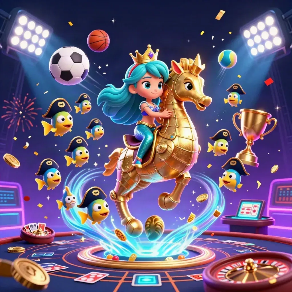 Mermaid princess rides a gold seahorse amid neon casino lights, coins, sports balls, fireworks, and pirate fish.