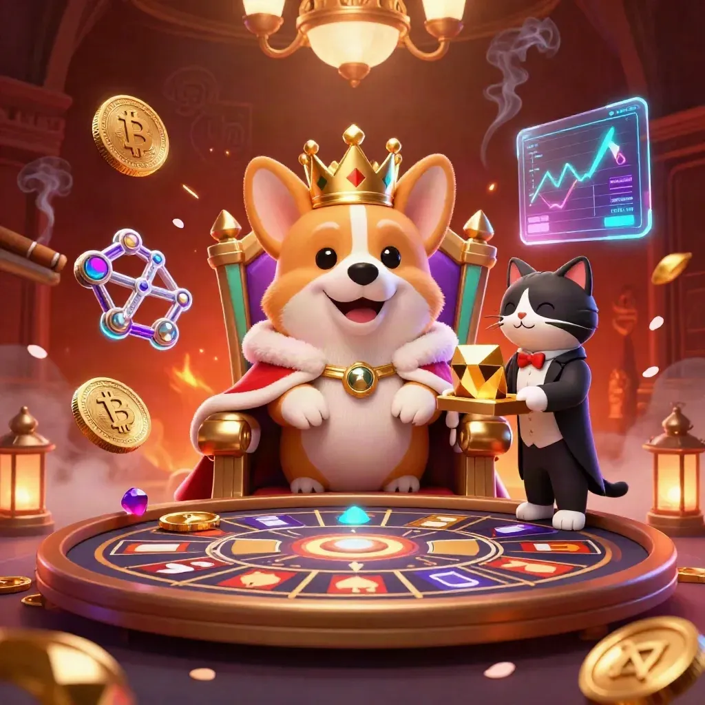 Royal corgi king and cat butler amid neon coins, roulette wheel, and casino glow