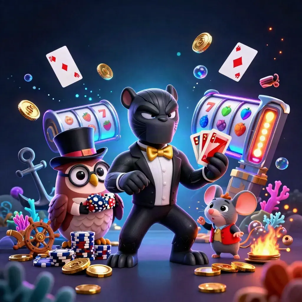 Panther, owl and mouse in a glowing treasure cove with coins, cards, gems and casino effects