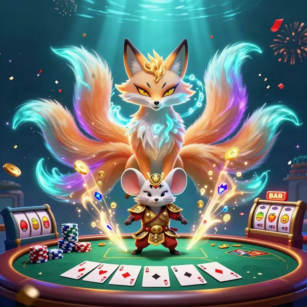 Neon fox spirit and golden mouse amid casino cards, chips, reels, and underwater glow.