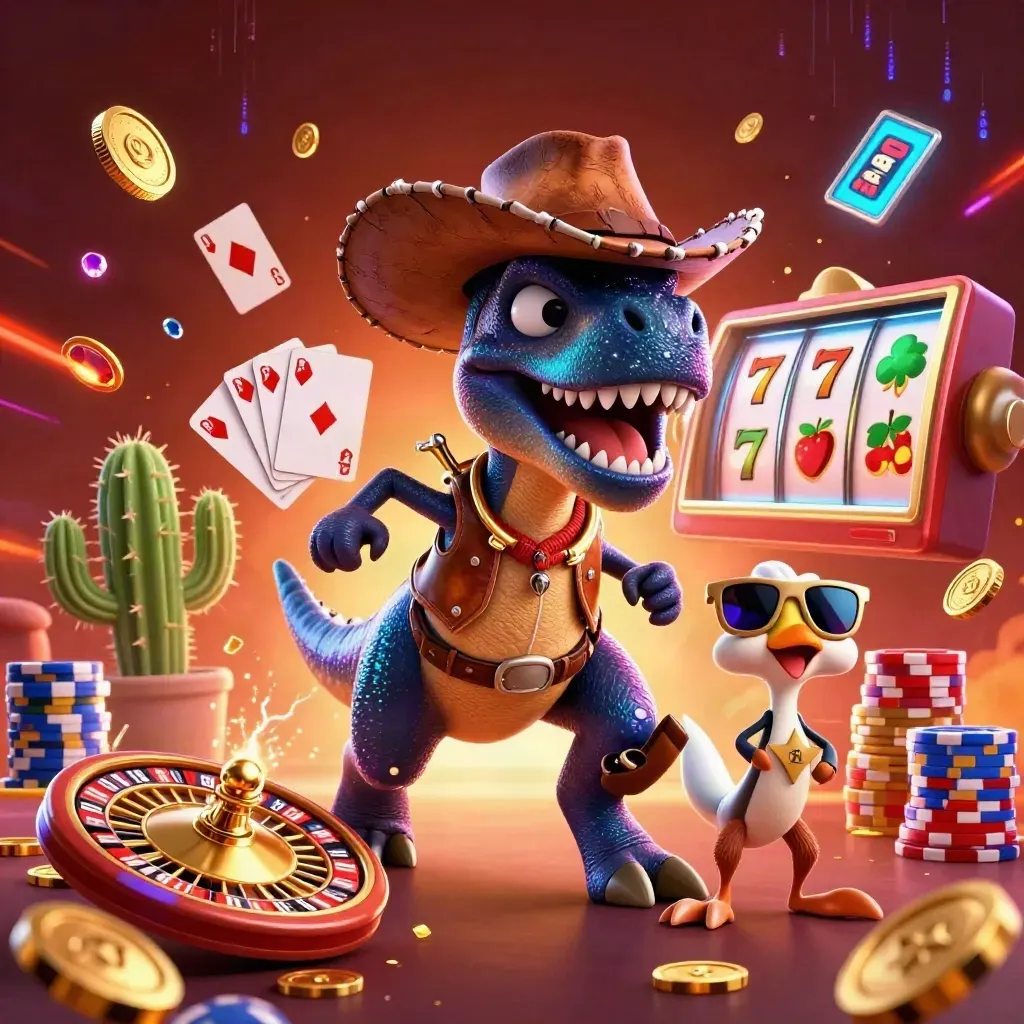 Cowboy T-Rex, cactus sidekick and sheriff roadrunner amid coins, gems and casino glow.