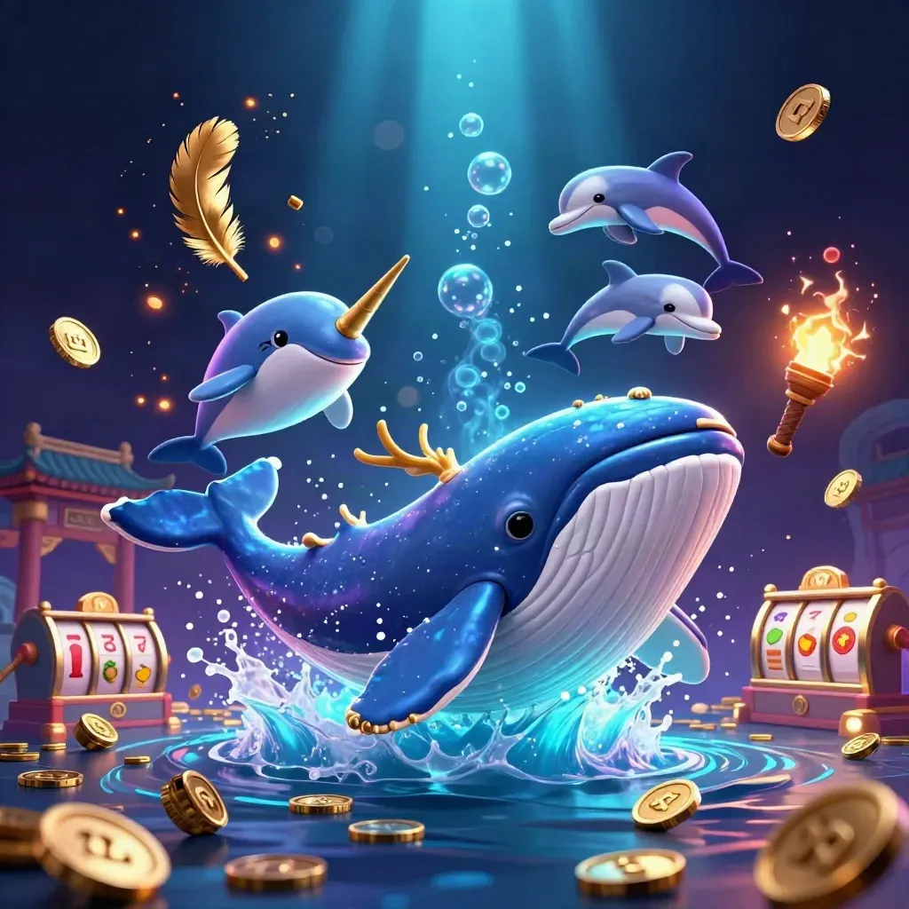 Captain whale, narwhal, and dolphins burst from coins amid neon casino treasure and temple ruins.