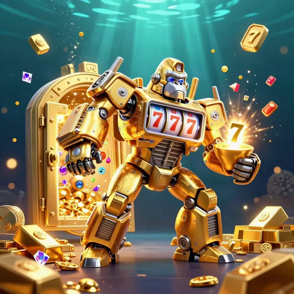 Golden gorilla mech with monkey pilot bursting from a vault in an underwater neon casino glow.