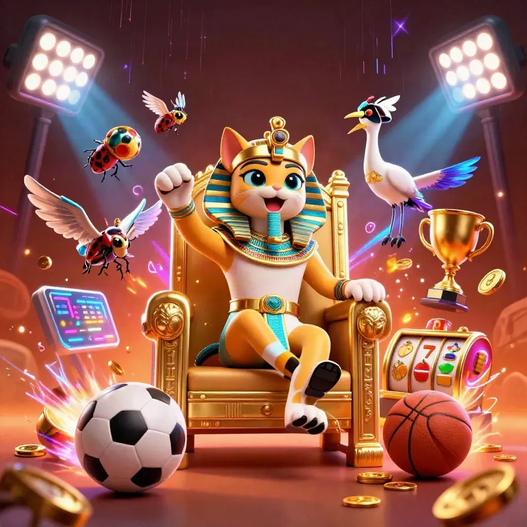 Pharaoh cat, ibis scribe and gem-winged scarabs amid sports balls, coins and neon casino energy.