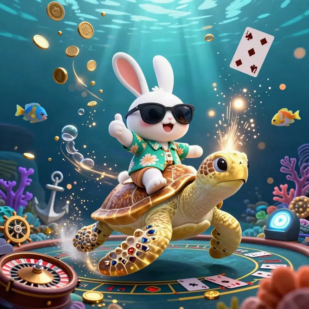 Lucky rabbit rides a jeweled sea turtle through a coin-filled underwater treasure cove.