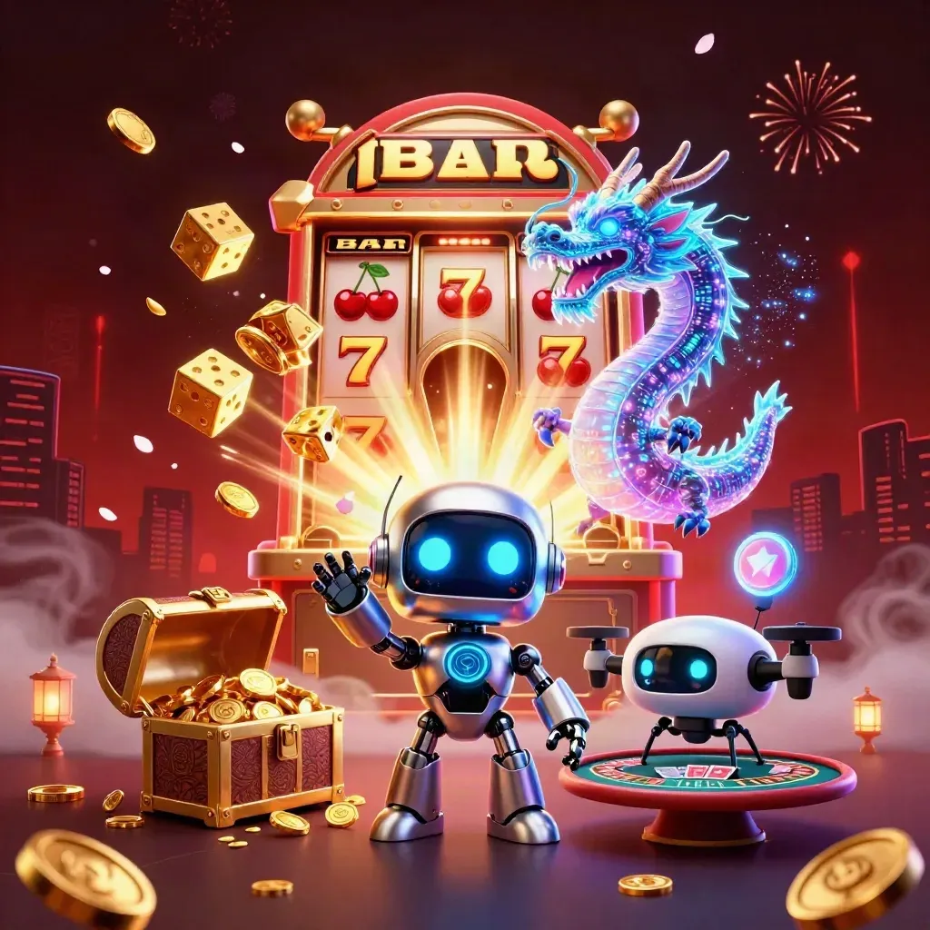 Cyberpunk robot, holographic dragon, and coin drone amid slot jackpot bursts, gold coins, and neon glow