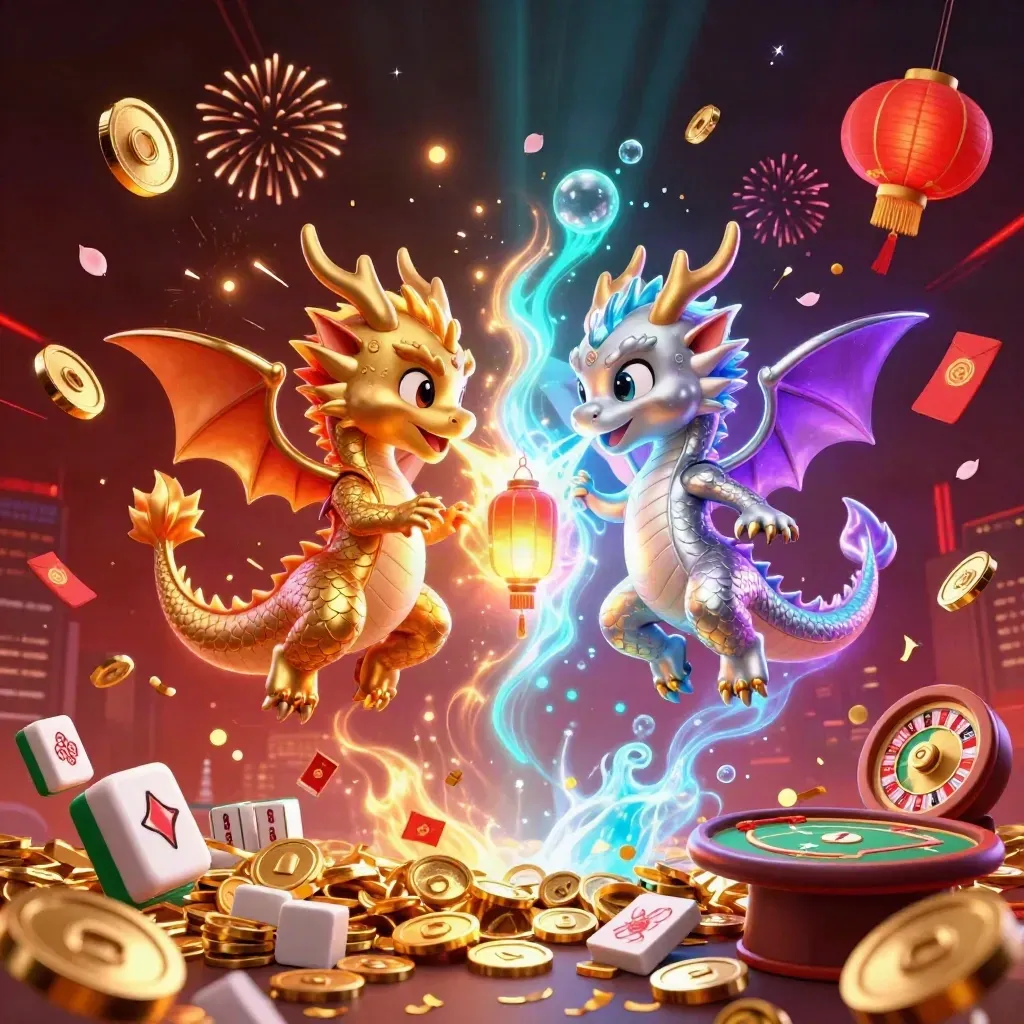 Twin gold and silver dragons burst through casino treasure with coins, lanterns, cards and neon glow.