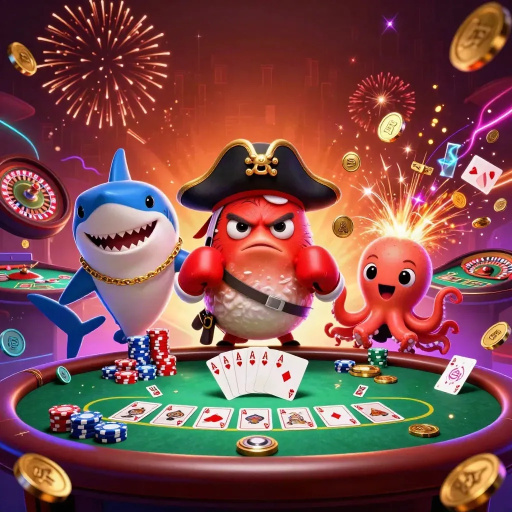Pirate shark, pufferfish and octopus amid casino coins, chips, fireworks and neon energy.