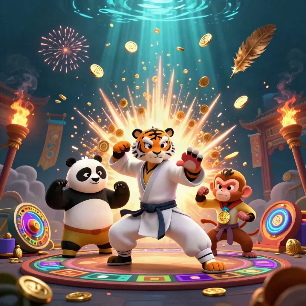 Tiger, panda, and monkey in a casino treasure burst with coins and fireworks