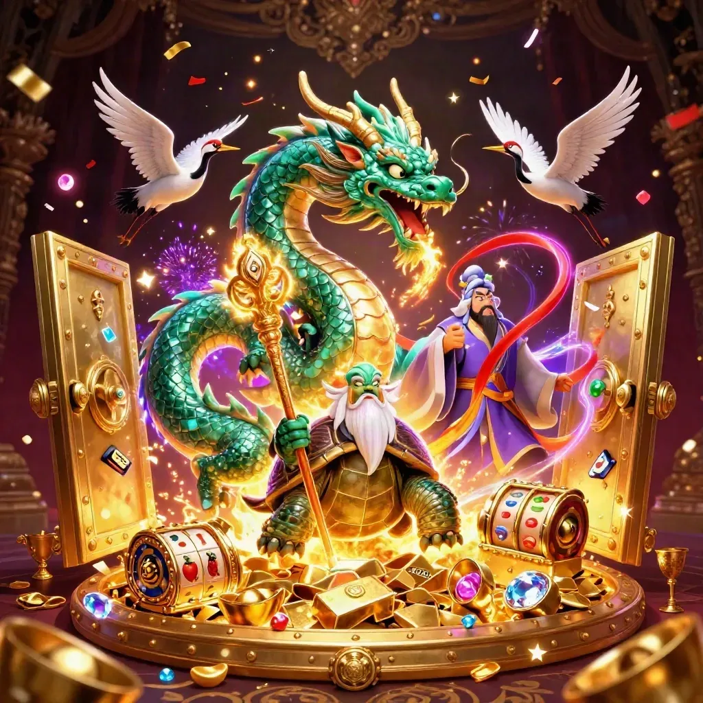 Emerald dragon, turtle sage, and cranes amid a bursting gold vault and casino treasures.